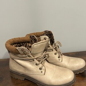 Call It Spring Cream Lace Up Boots with Leopard Lining